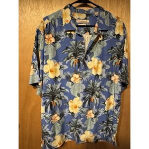 Tommy Bahama Hawaiian Shirt Mens Large 100% Silk Floral All Over Print Blue Camp